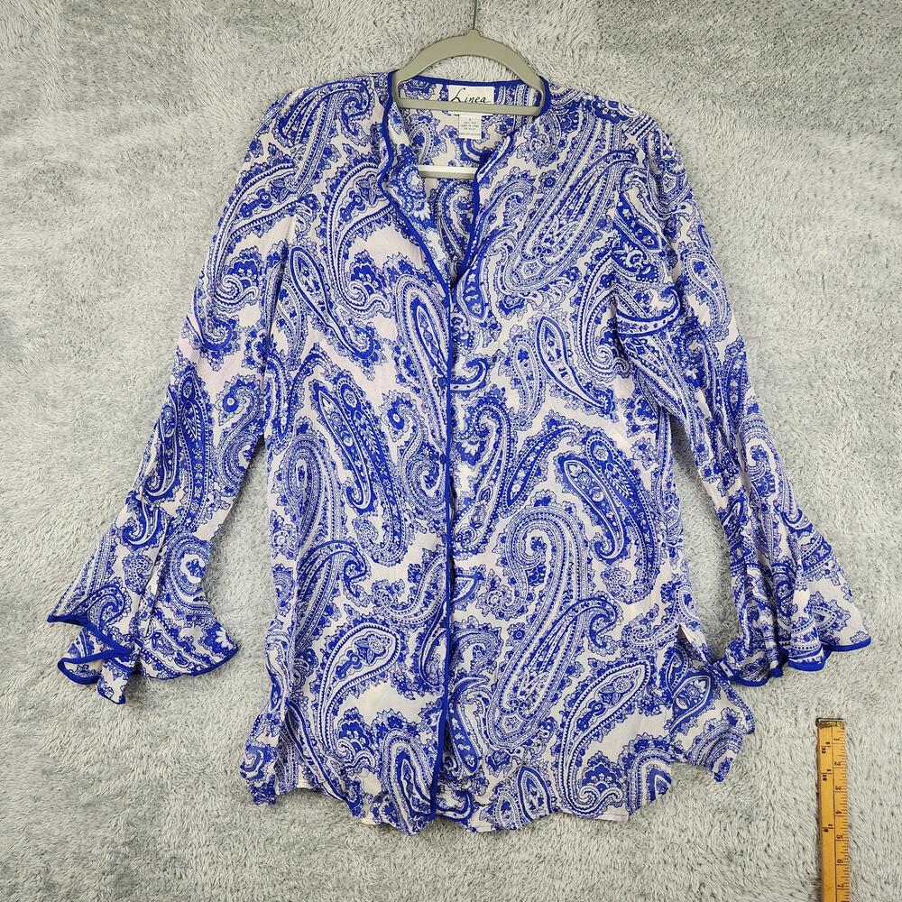 Linea By Louis Dell'Olio Blouse Womens Small Blue Silk Paisley Bell Sleeve Boho
